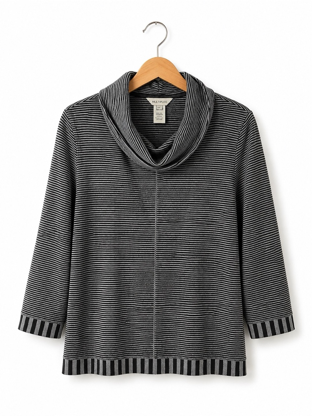 Multiples Black Gray Striped Cowl Neck Tunic Top XL Soft Knit Classic Casual